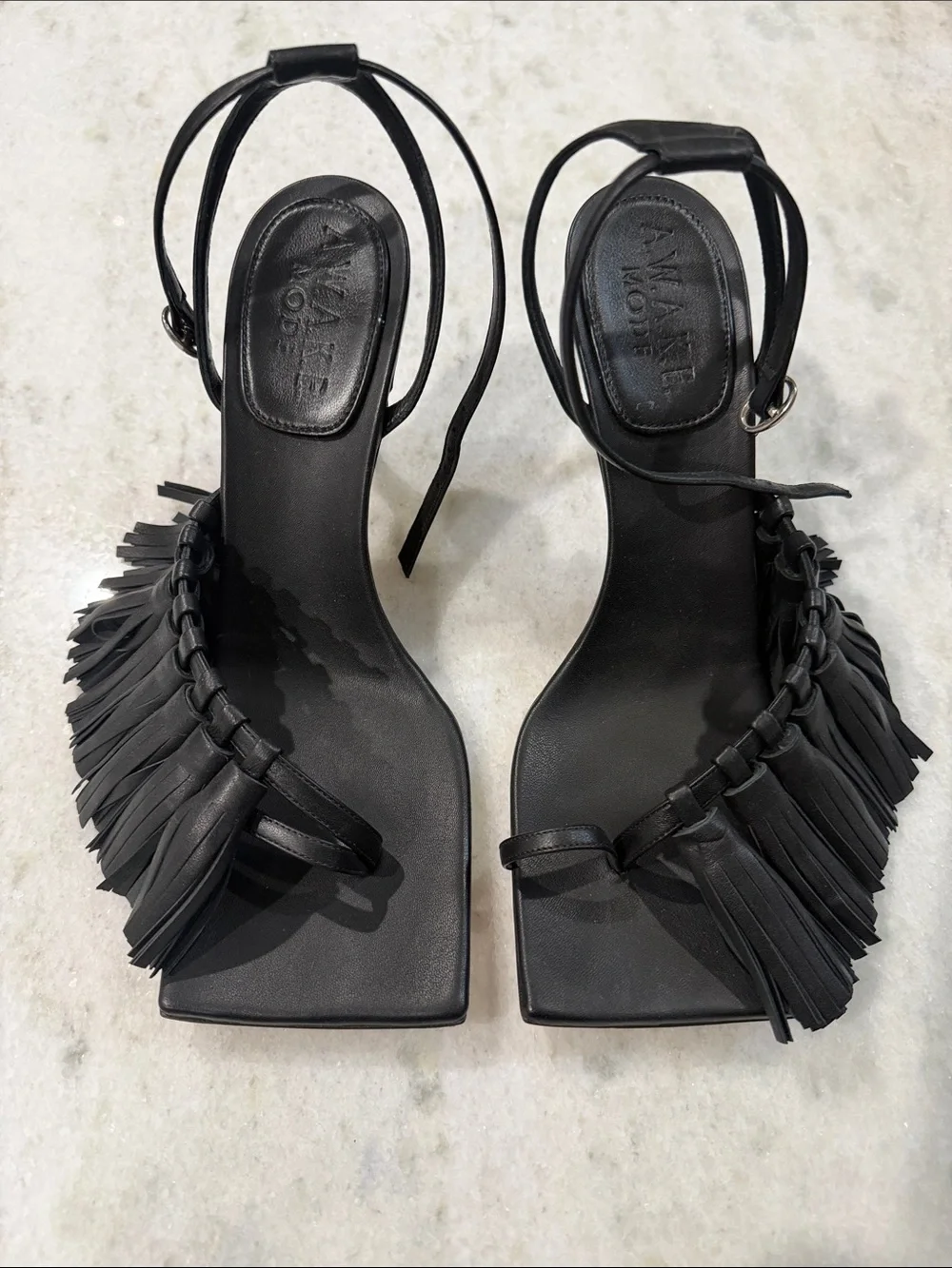 Fringed Black Leather Square-Toe Ankle-Strap Heels